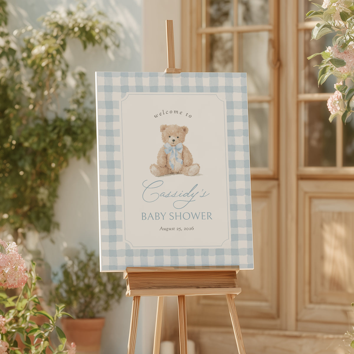 Blue Gingham Teddy Bear Welcome Sign