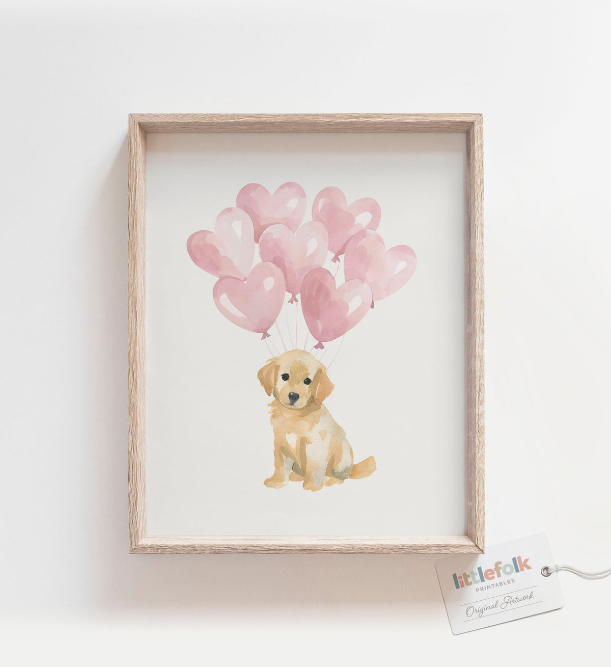 Golden Retriever with Pink Heart Balloons Print