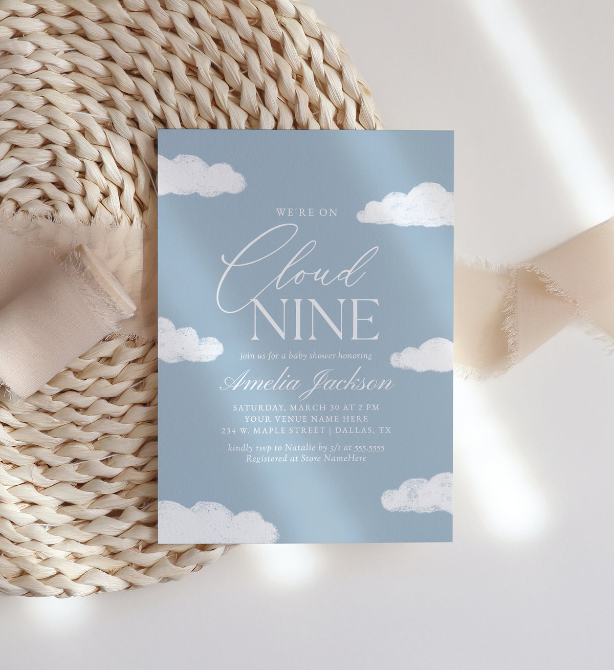 Editable Blue Cloud Nine Baby Shower Invitation Template