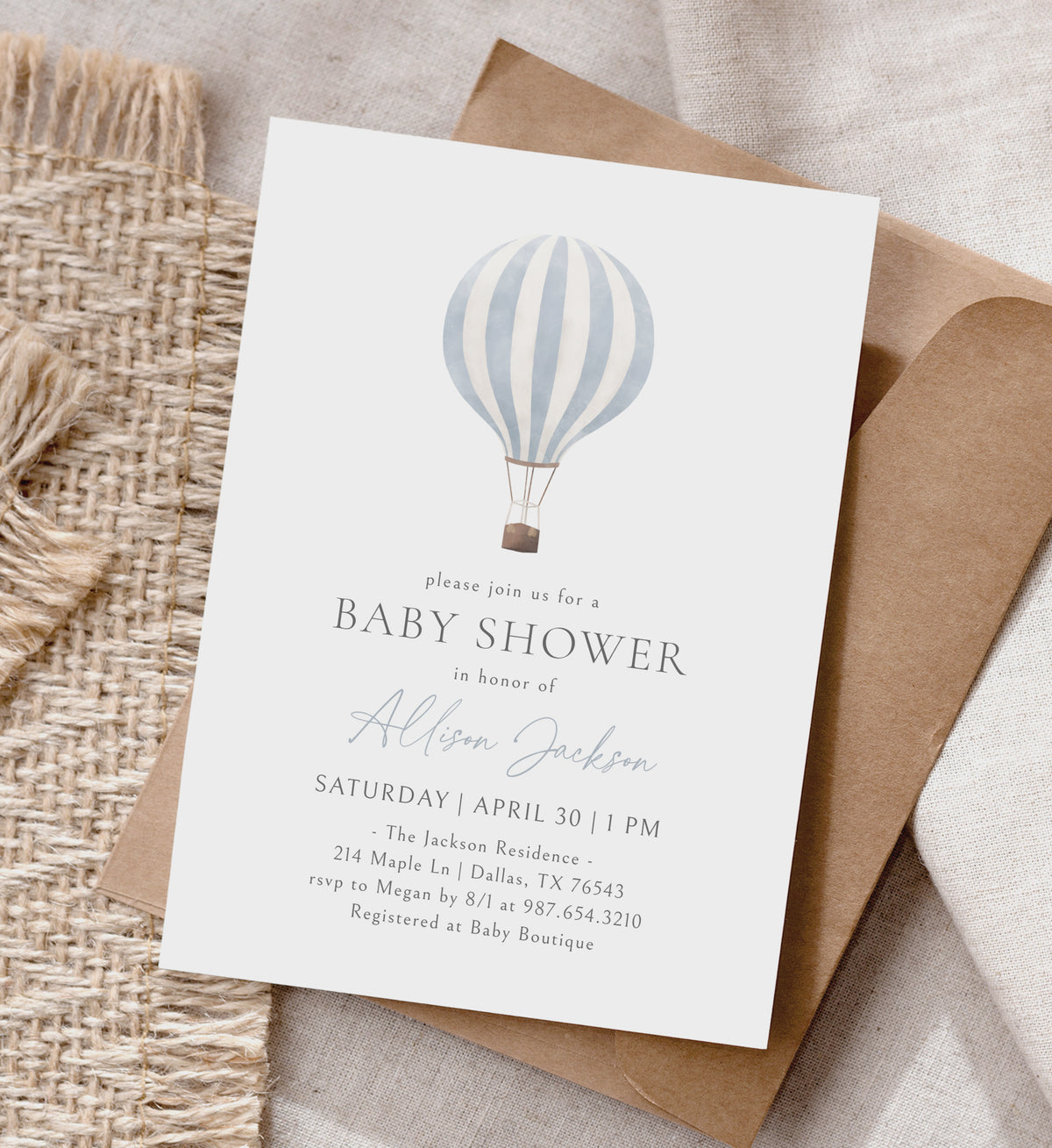 Minimalist Blue Hot Air Balloon Baby Shower Invitation