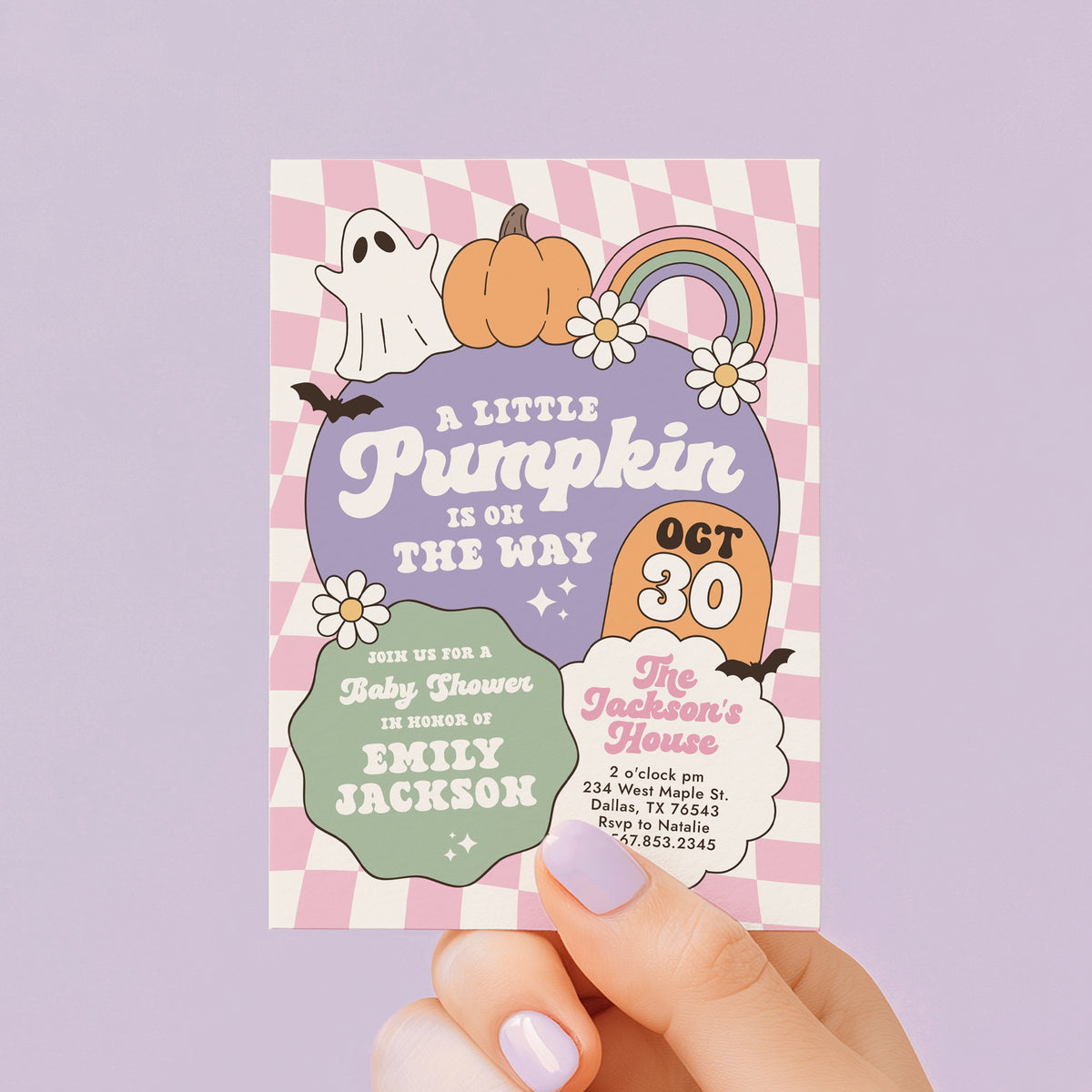 Pink Retro Checker Little Pumpkin Baby Shower Invitation