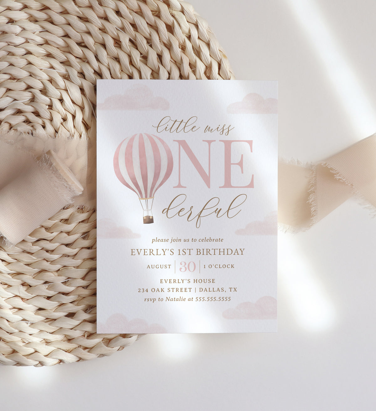 Editable Little Miss Onederful Hot Air Balloon Birthday Invitation
