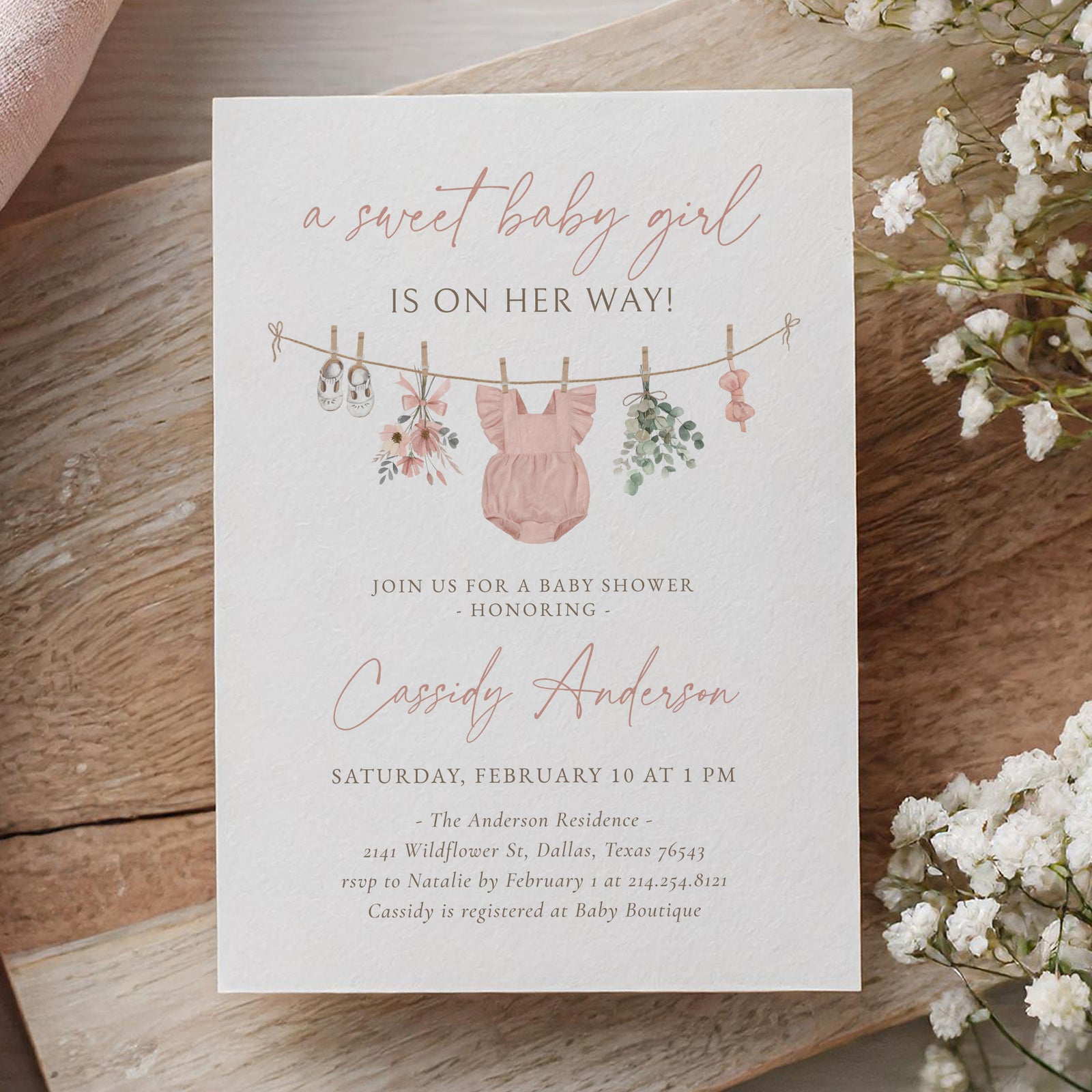 Pink Wildflower Clothesline Baby Shower Invitation