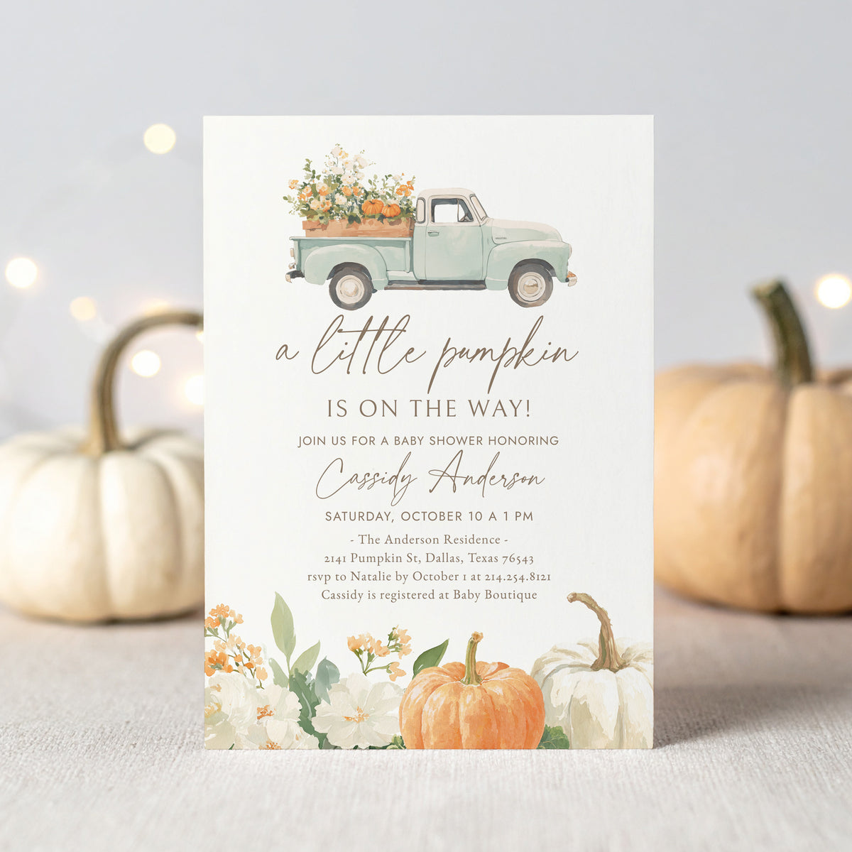 Little Pumpkin Vintage Truck Baby Shower Invitation
