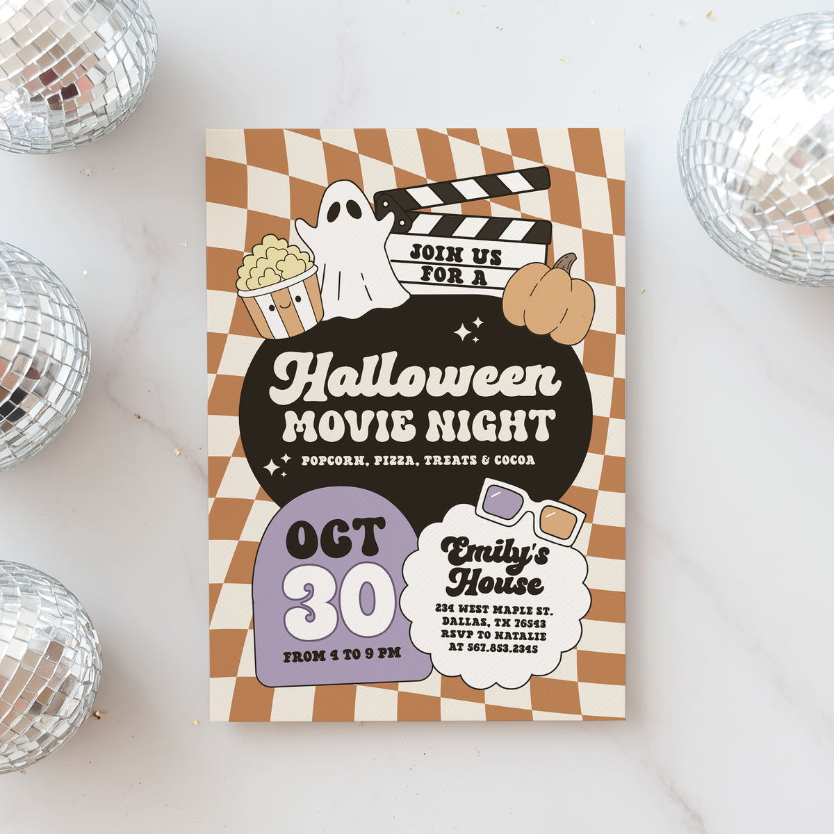 Retro Checker Halloween Movie Night Invitation