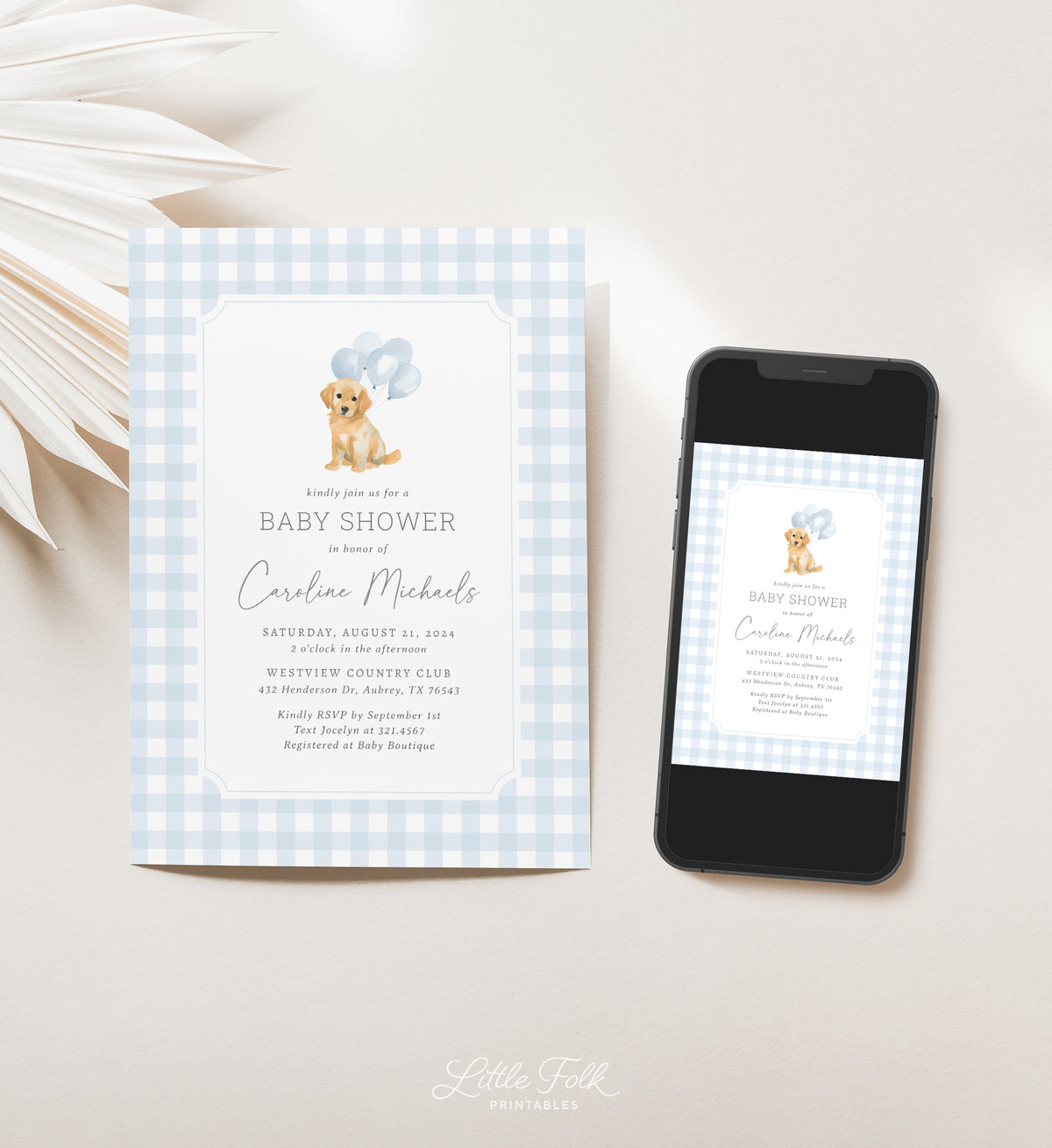 Blue Gingham Golden Retriever Baby Shower Invitation