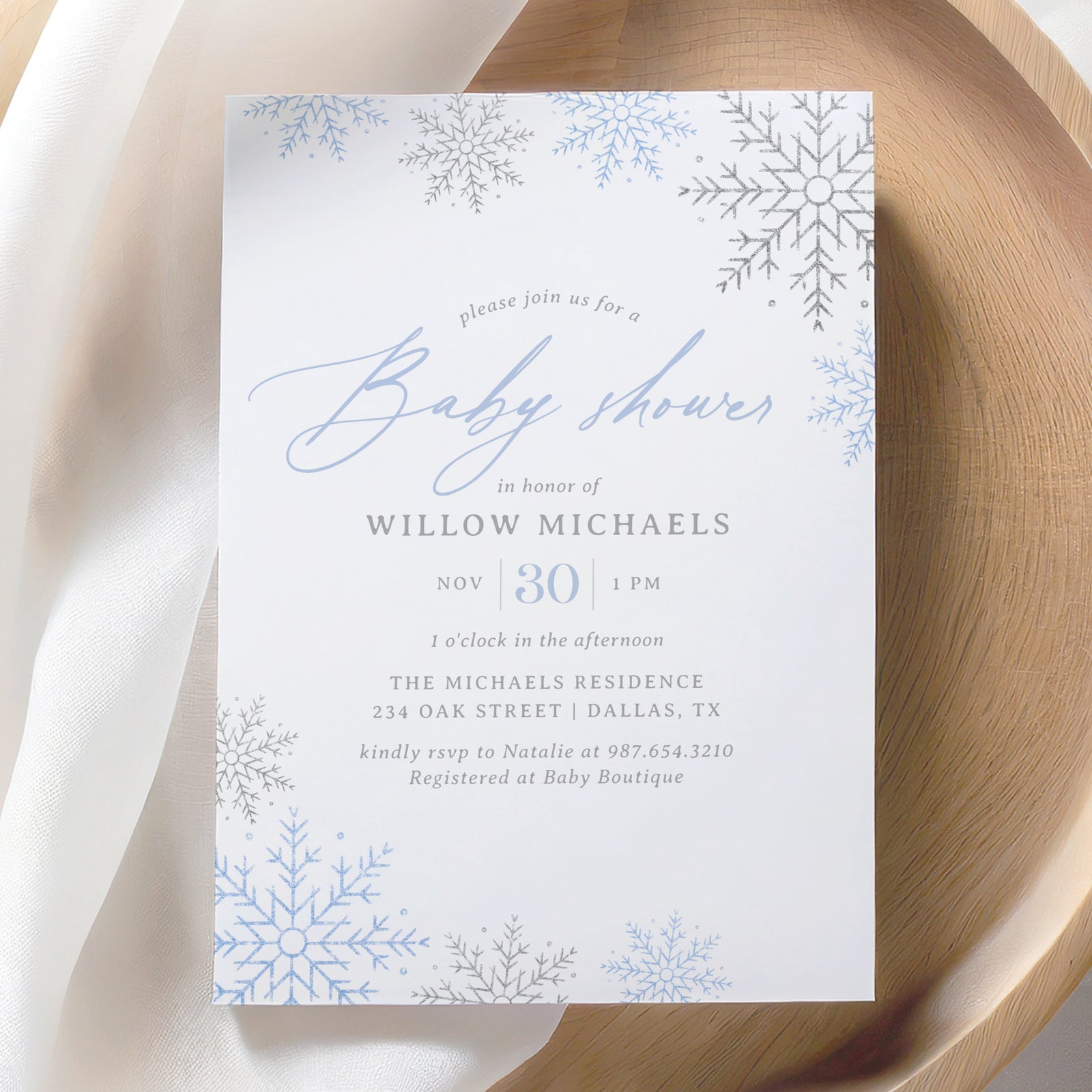 Blue Snowflake Baby Shower Invitation