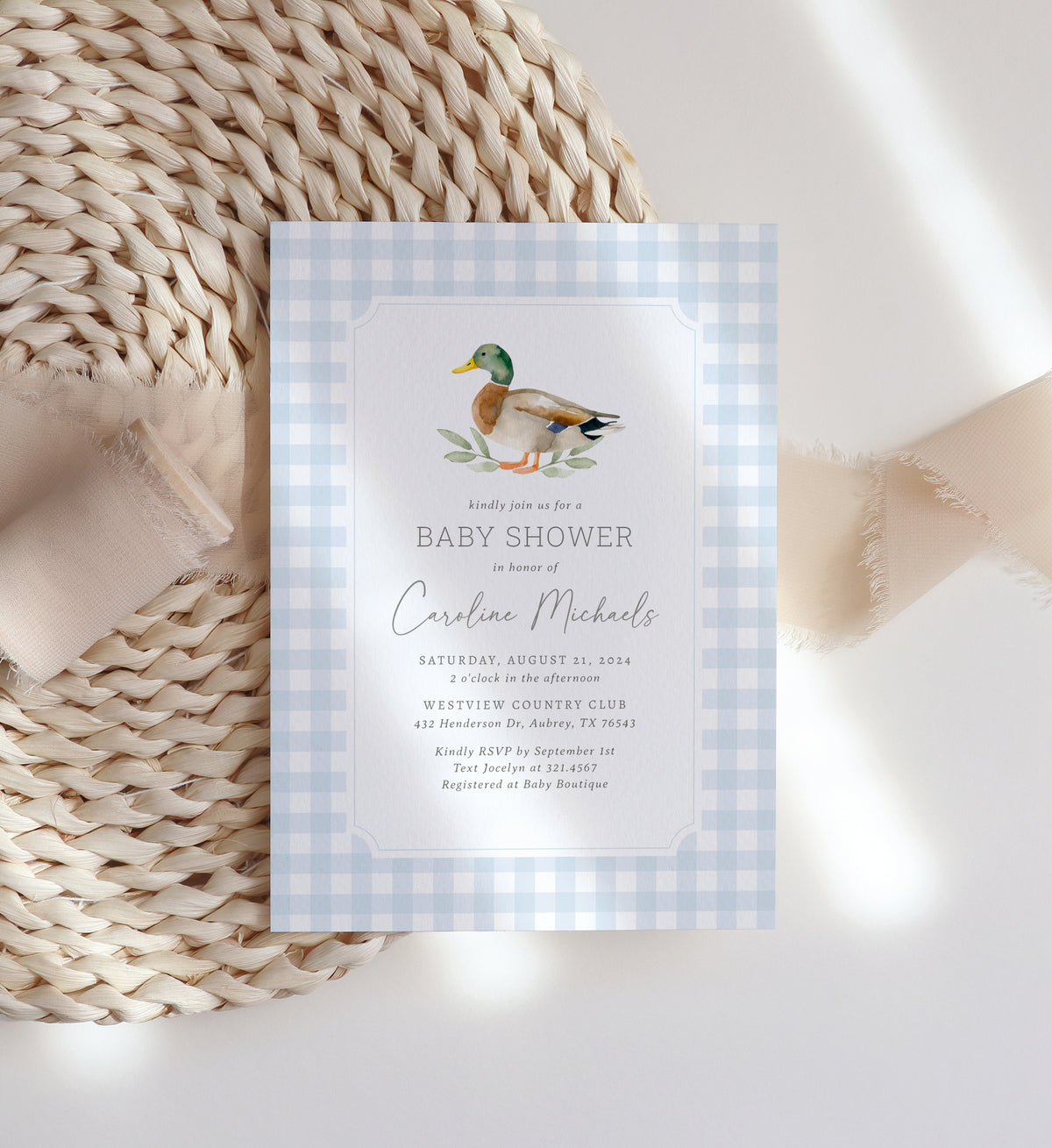 Blue Gingham Duck Baby Shower Invitation