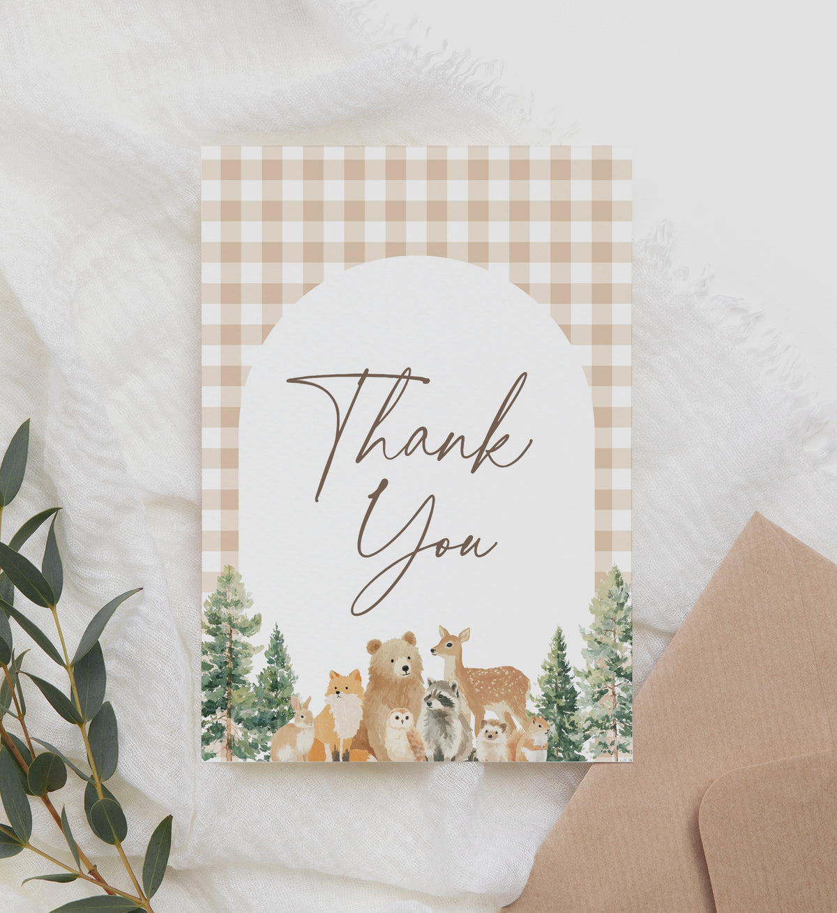 Woodland Gingham Baby Shower Folded Thank You Card
