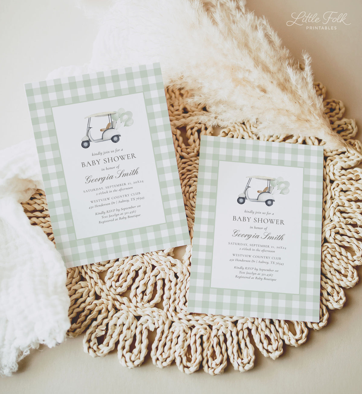 Editable Green Gingham Golf Baby Shower Invitation Template