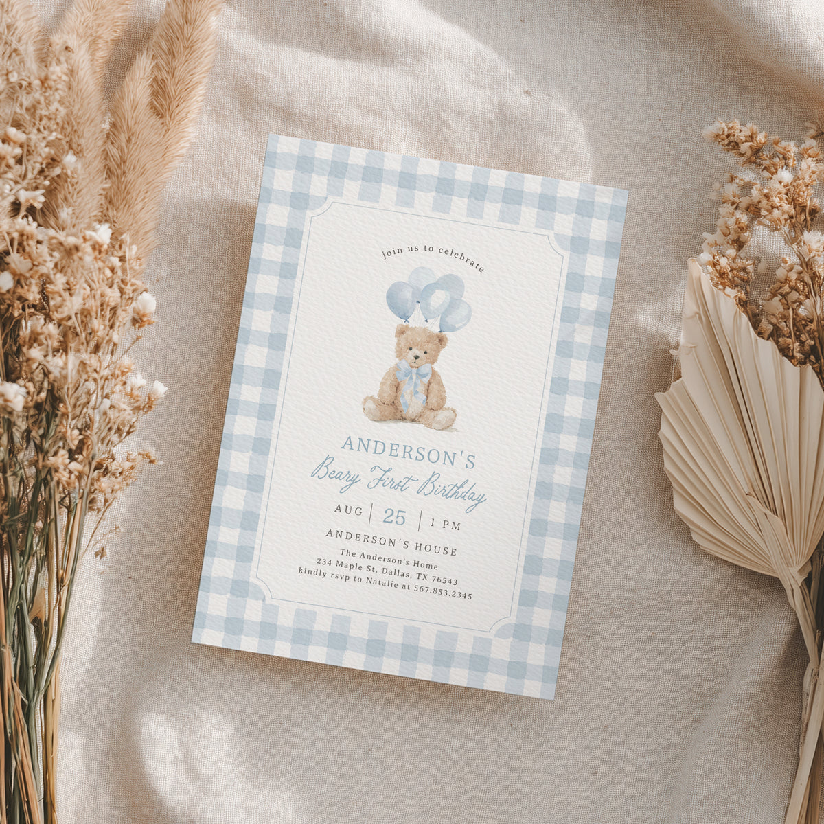 Blue Gingham Teddy Bear Birthday Invitation