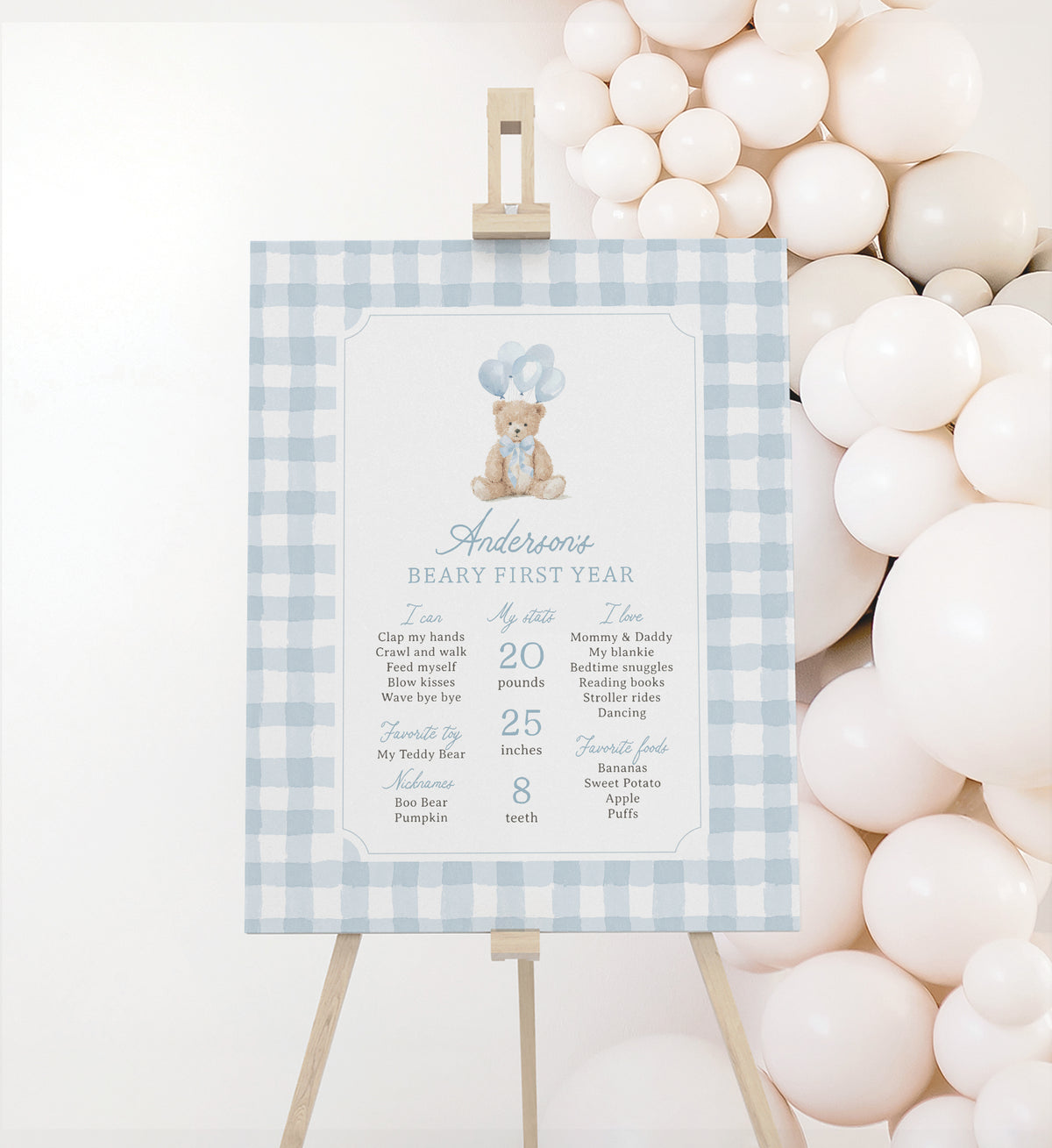 Blue Gingham Teddy Bear Birthday Milestone Sign