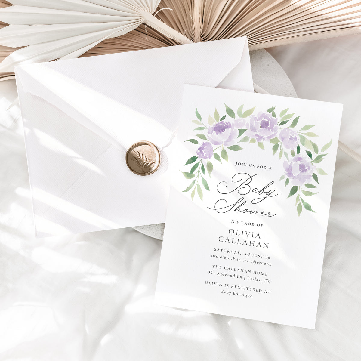 Purple Floral Arch Baby Shower Invitation