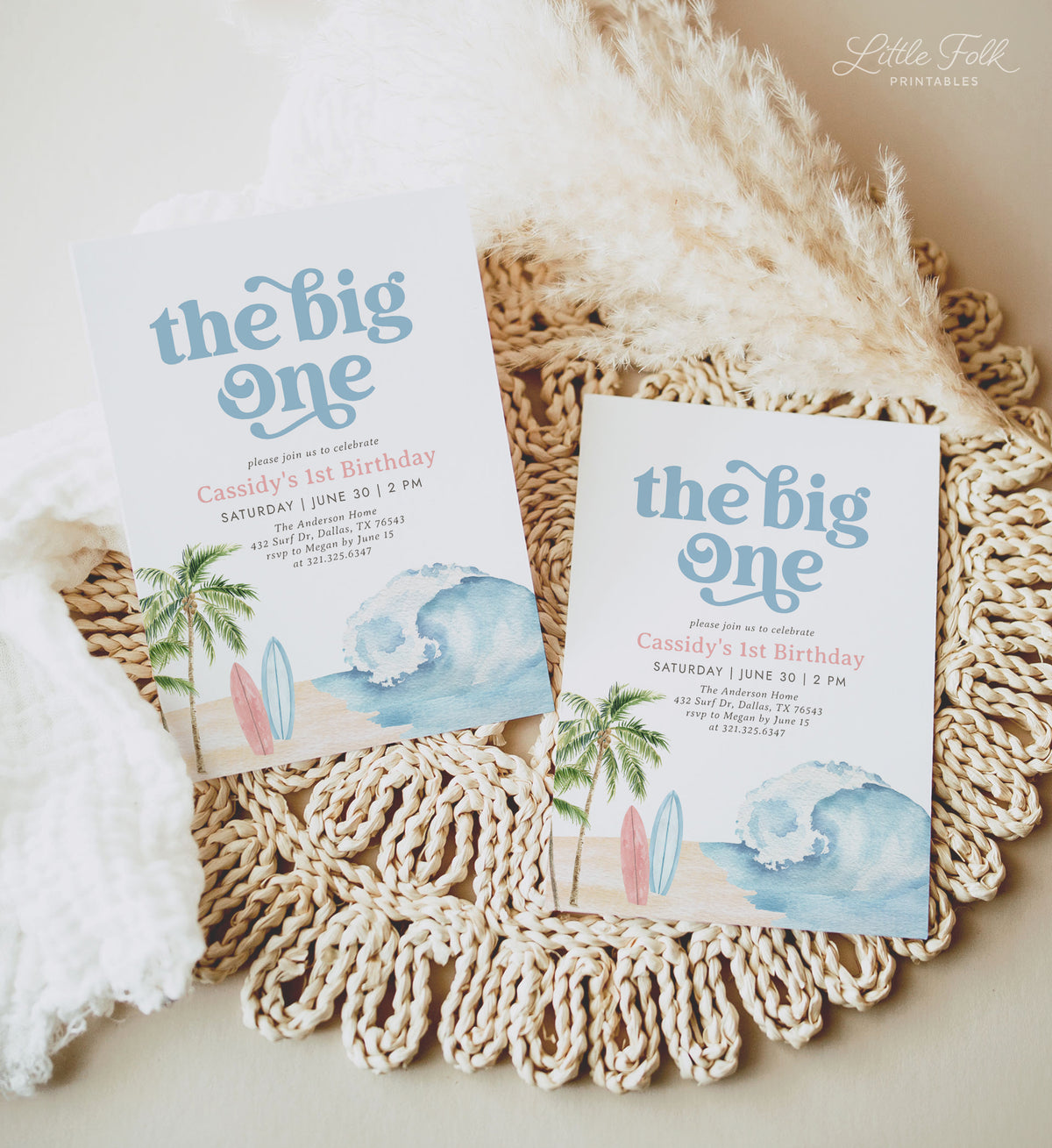The Big One Pink Surf Birthday Invitation Template