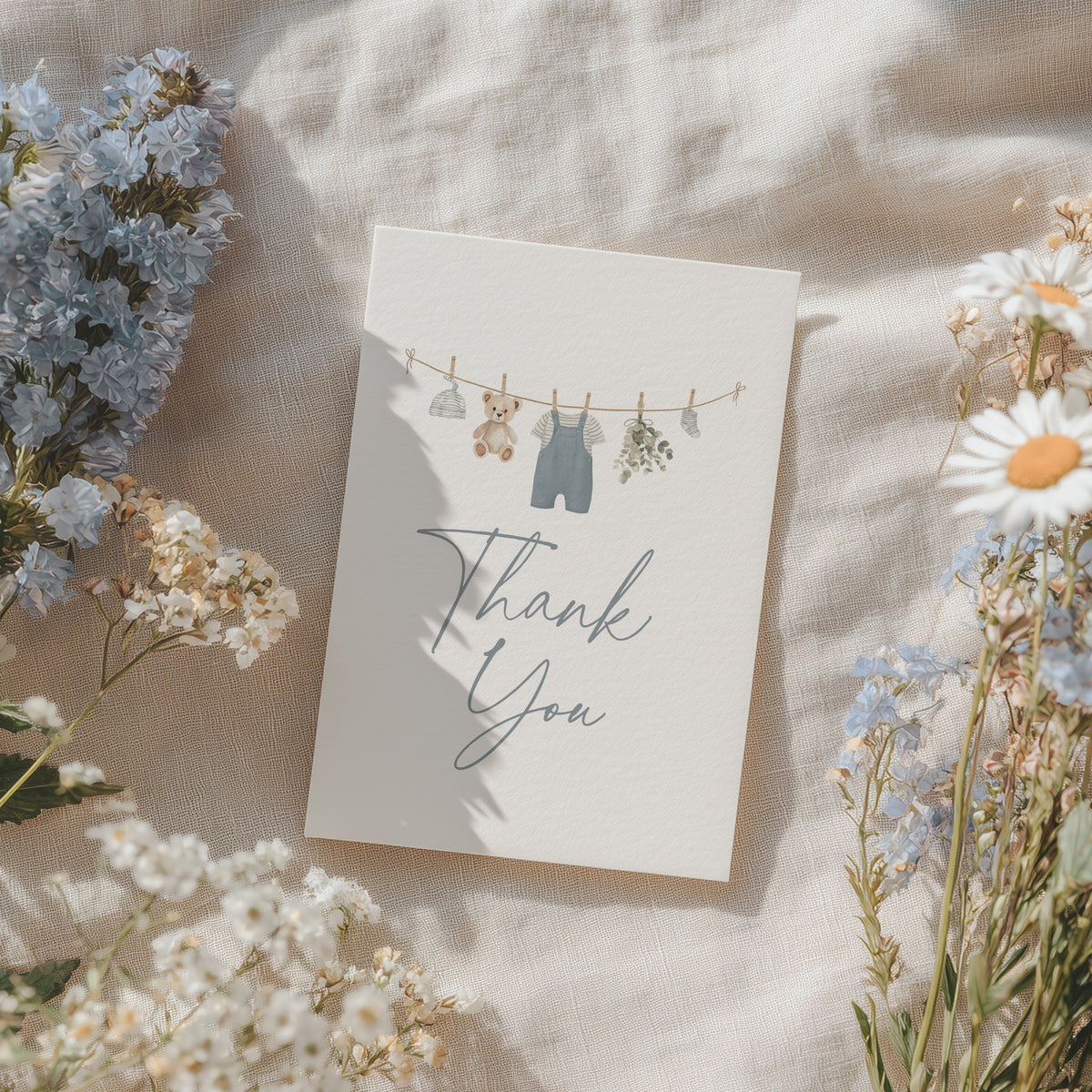 Blue Overalls Baby Shower Folded Thank You Card