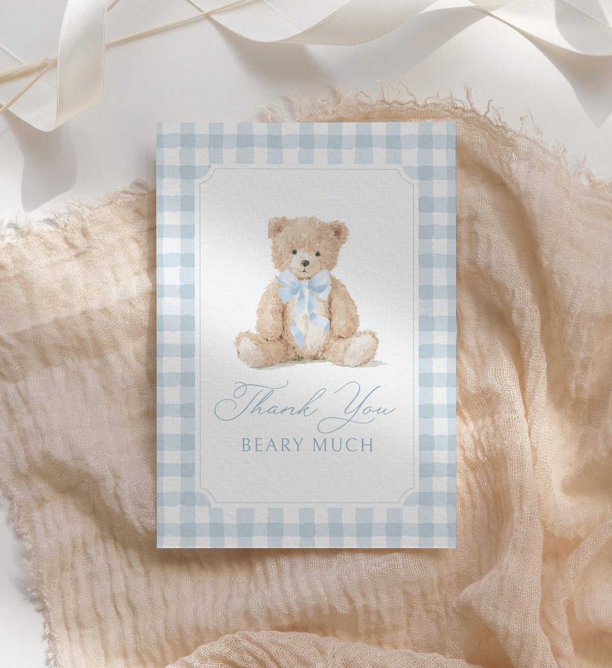 Blue Gingham Teddy Bear Folded Thank You Card