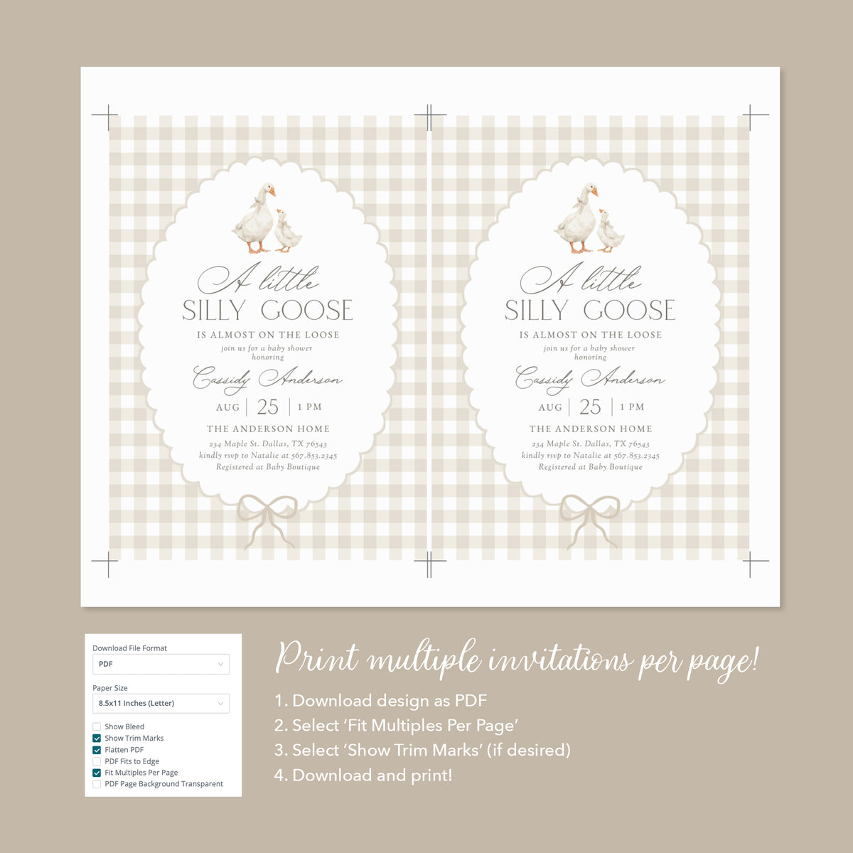 Neutral Gingham Goose Baby Shower Invitation