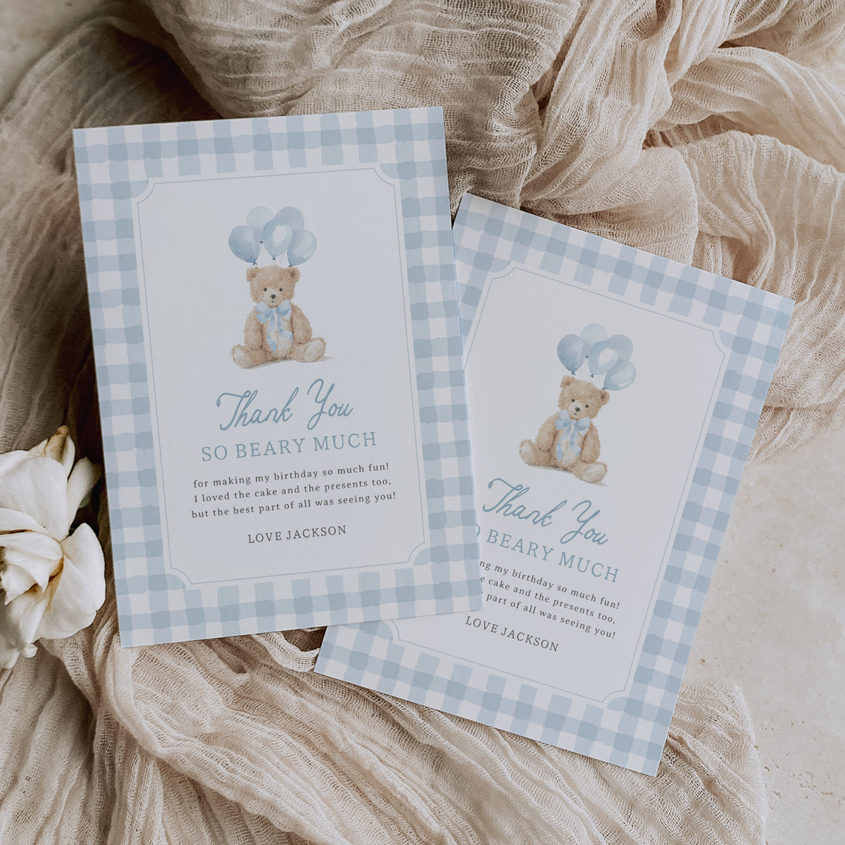 Blue Gingham Teddy Bear Birthday Flat Thank You Card