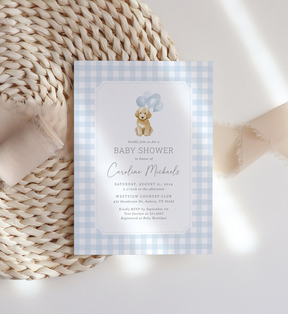 Blue Gingham Golden Doodle Baby Shower Invitation