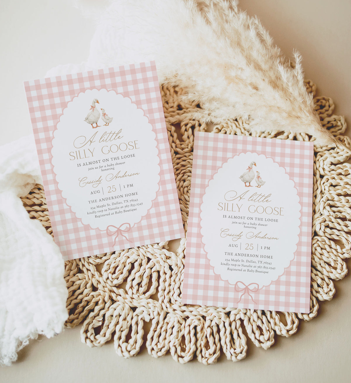Pink Gingham Goose Baby Shower Invitation