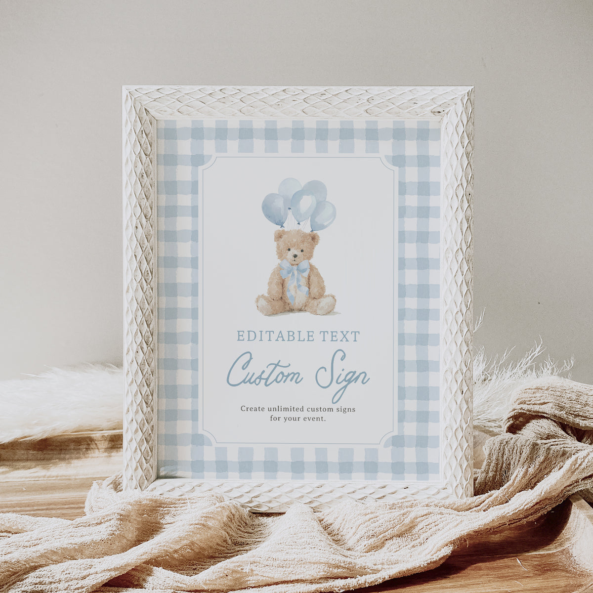 Blue Gingham Teddy Bear Birthday Custom Sign