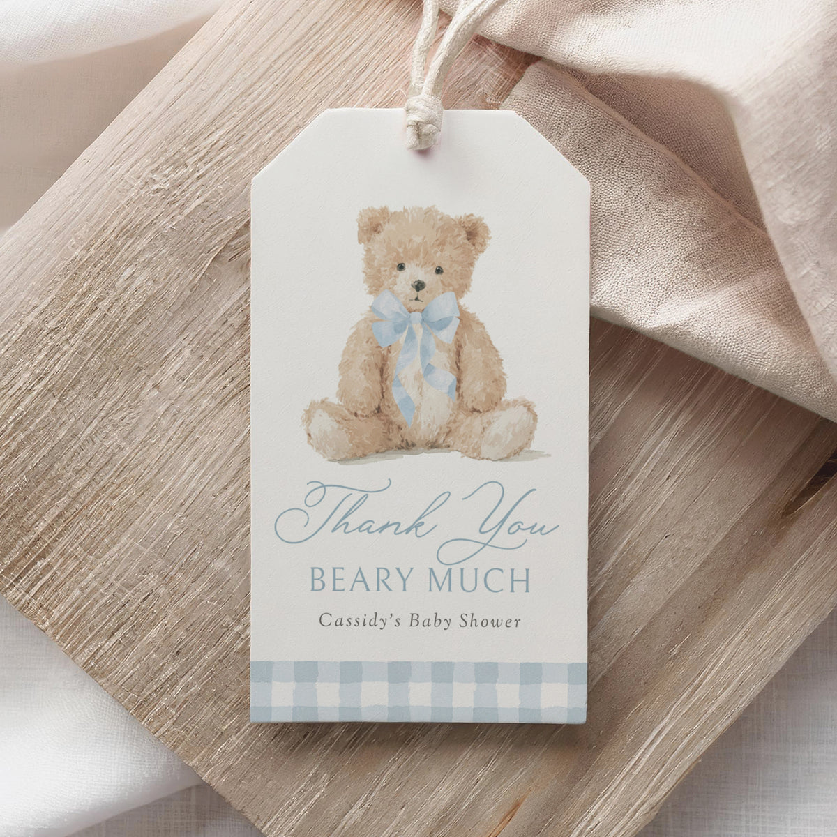 Blue Gingham Teddy Bear Baby Shower Rectangle Tag