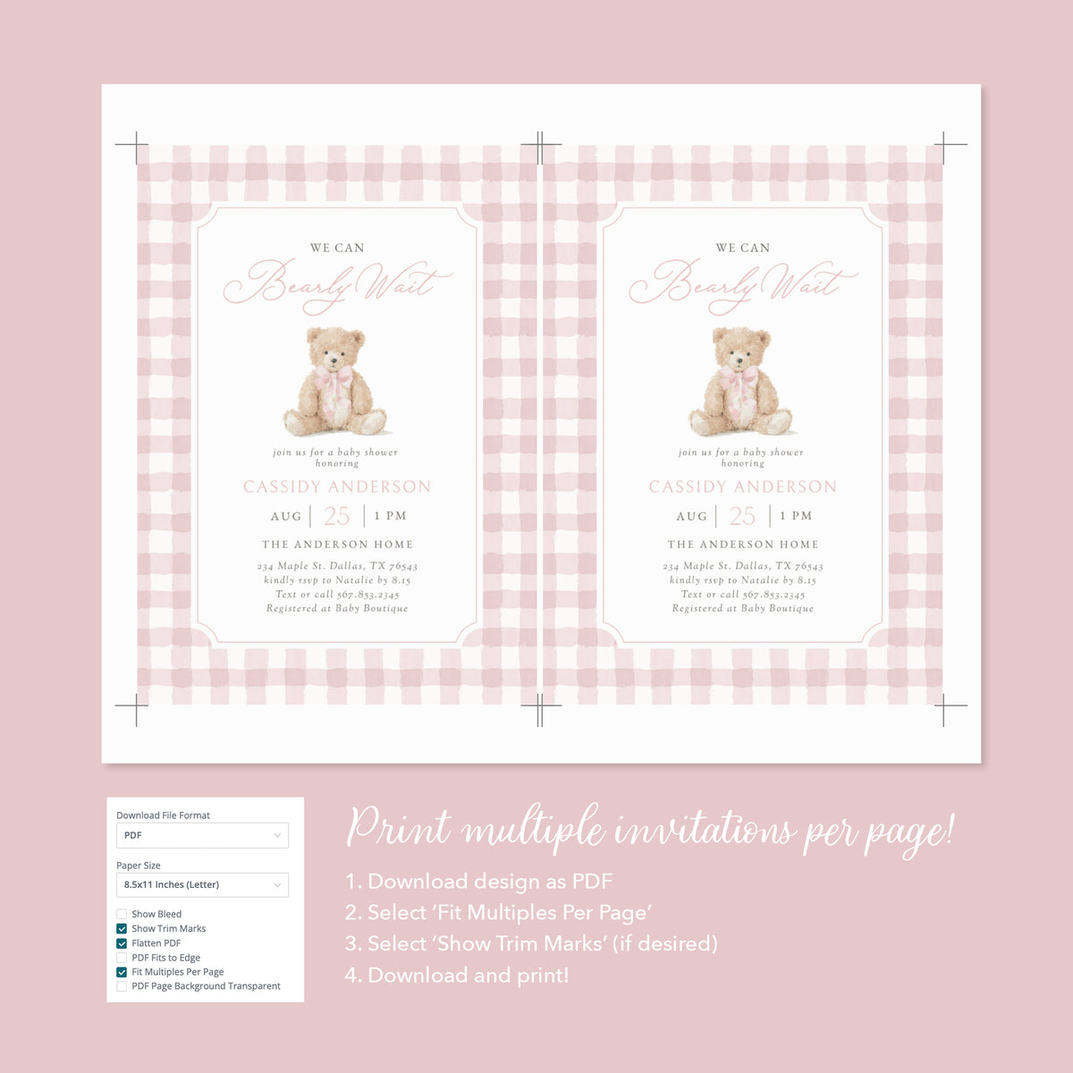 Pink Gingham Teddy Bear Baby Shower Invitation