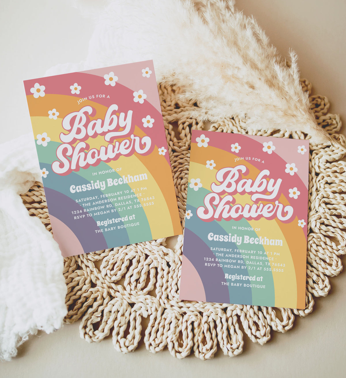 Retro Rainbow Daisy Baby Shower Invitation