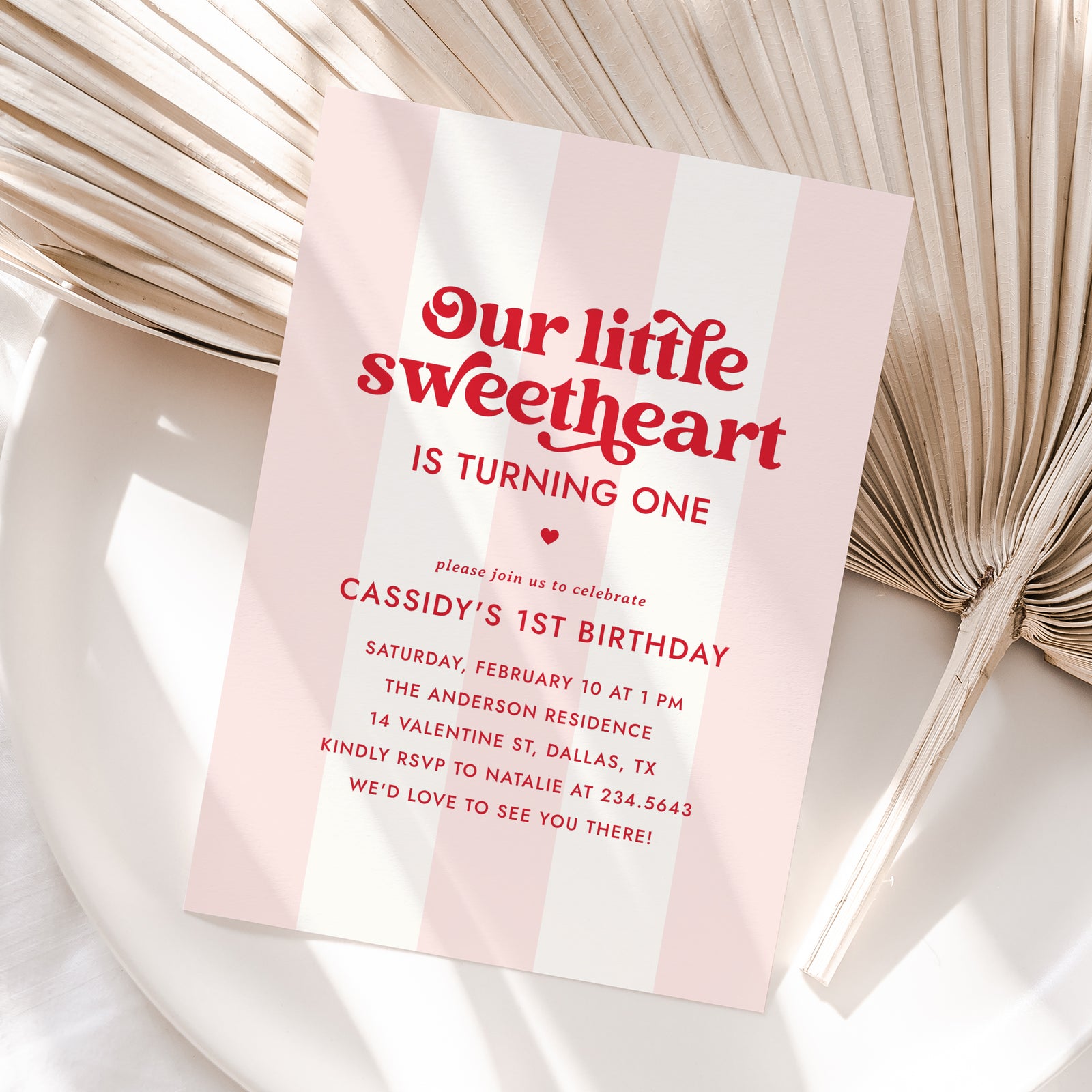 Little Sweetheart Pink Stripe Birthday Invitation