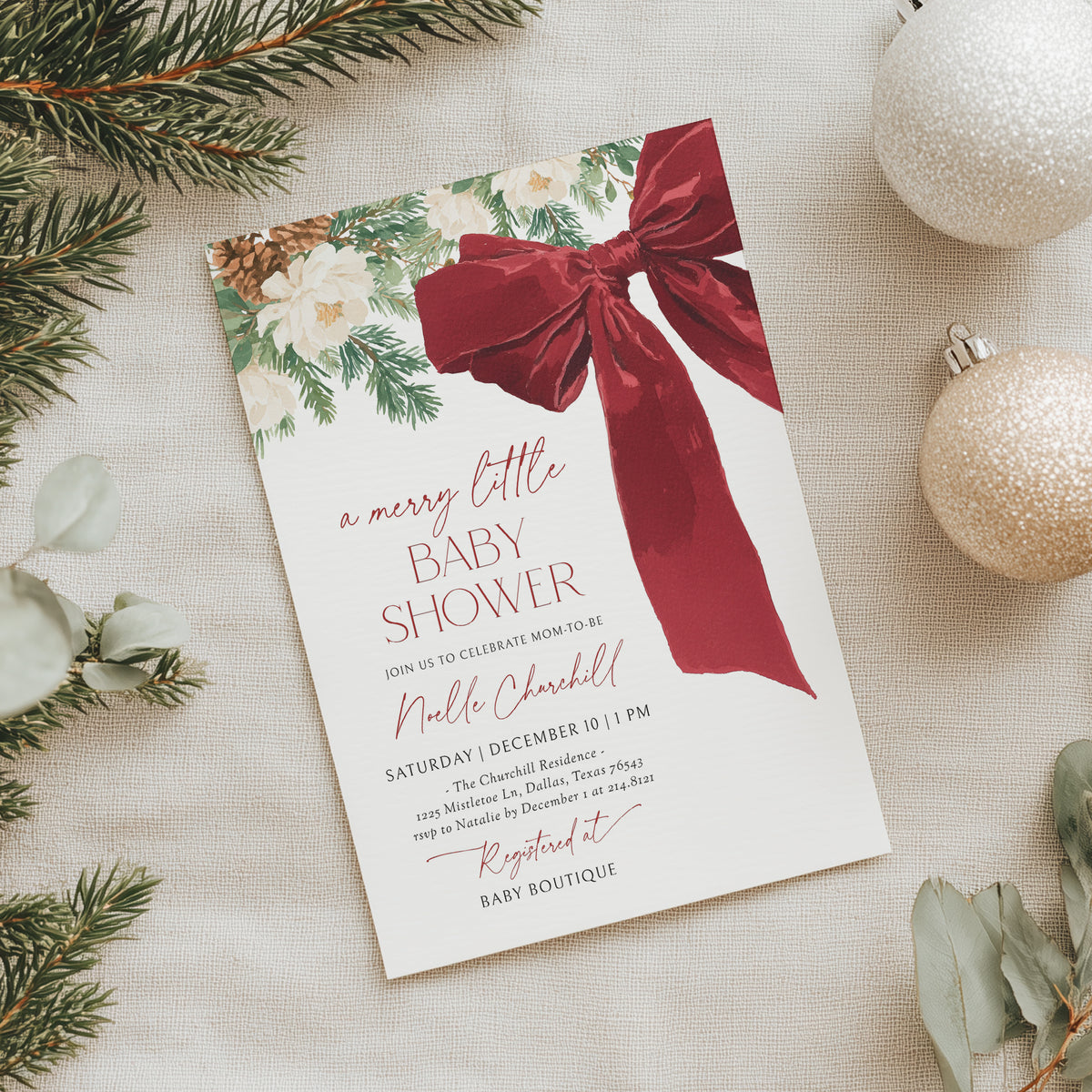 Red Christmas Bow and Greenery Baby Shower Invitation