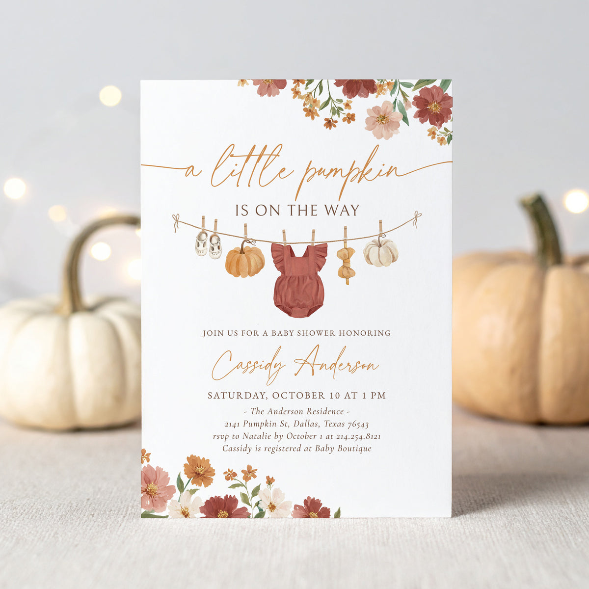 Burgundy Floral Little Pumpkin Baby Shower Invitation