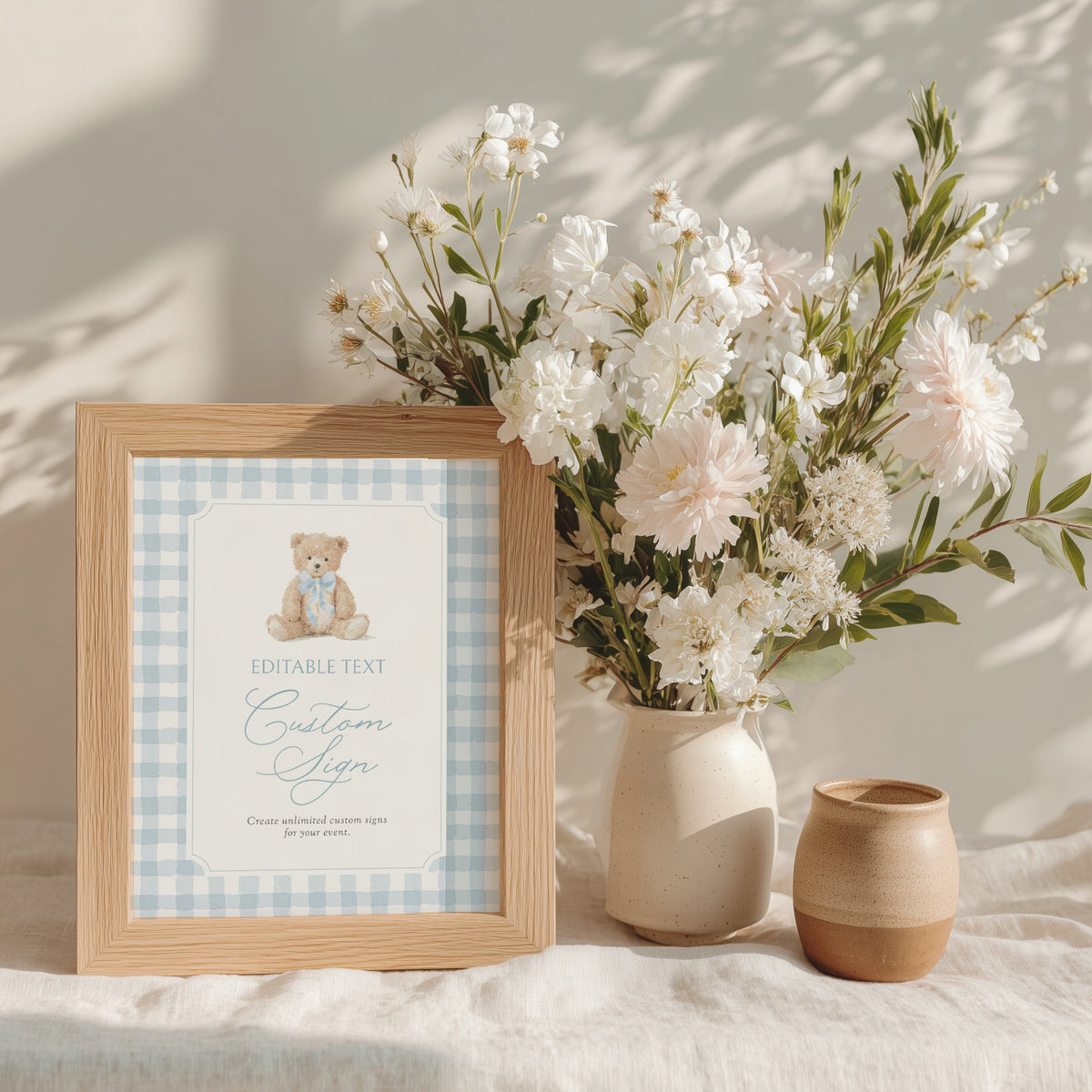 Blue Gingham Teddy Bear Baby Shower Custom Sign
