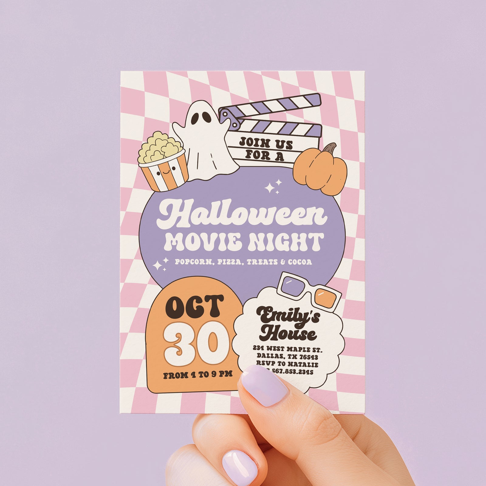 Pink Retro Checker Halloween Movie Night Invitation
