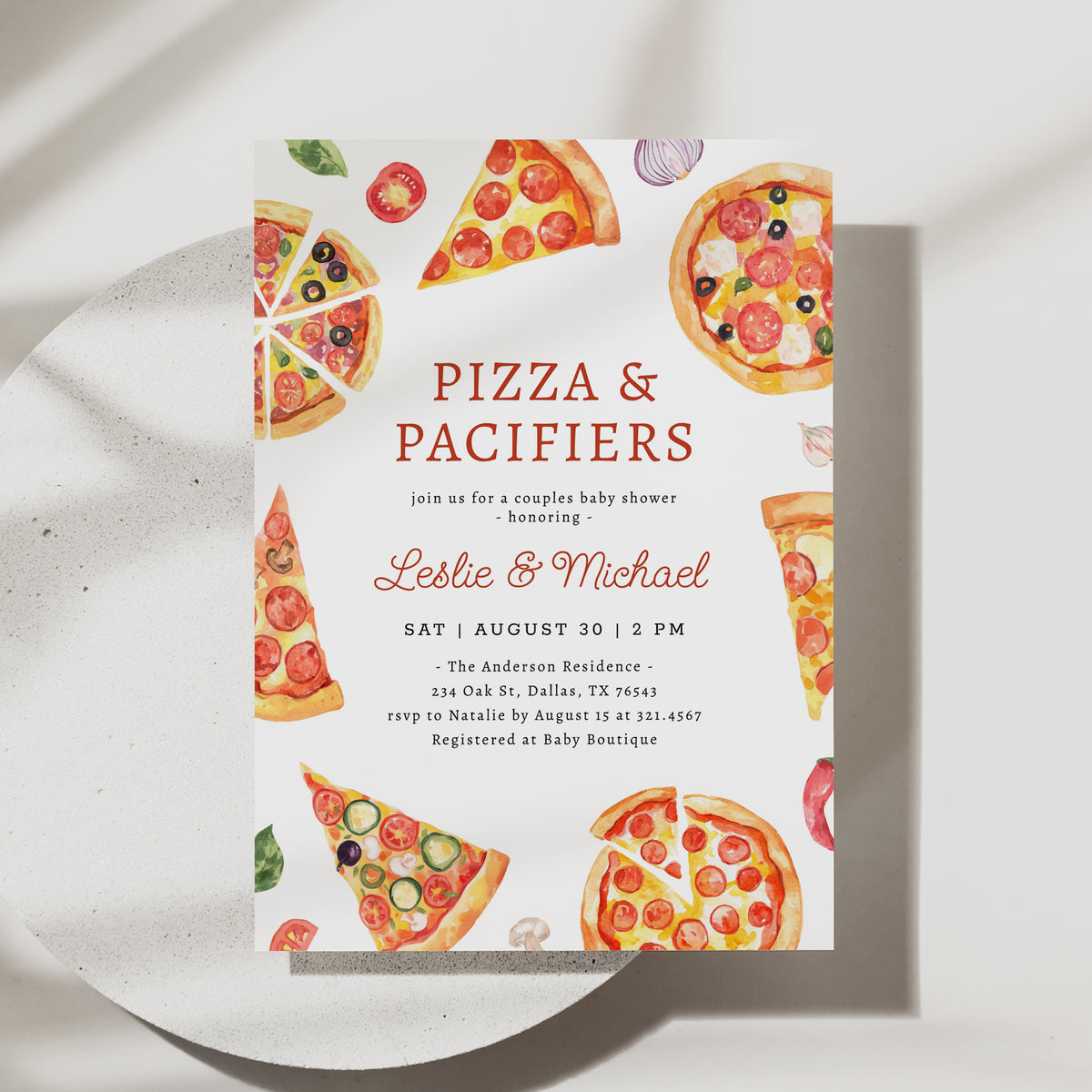 Pizza and Pacifiers Baby Shower Invitation