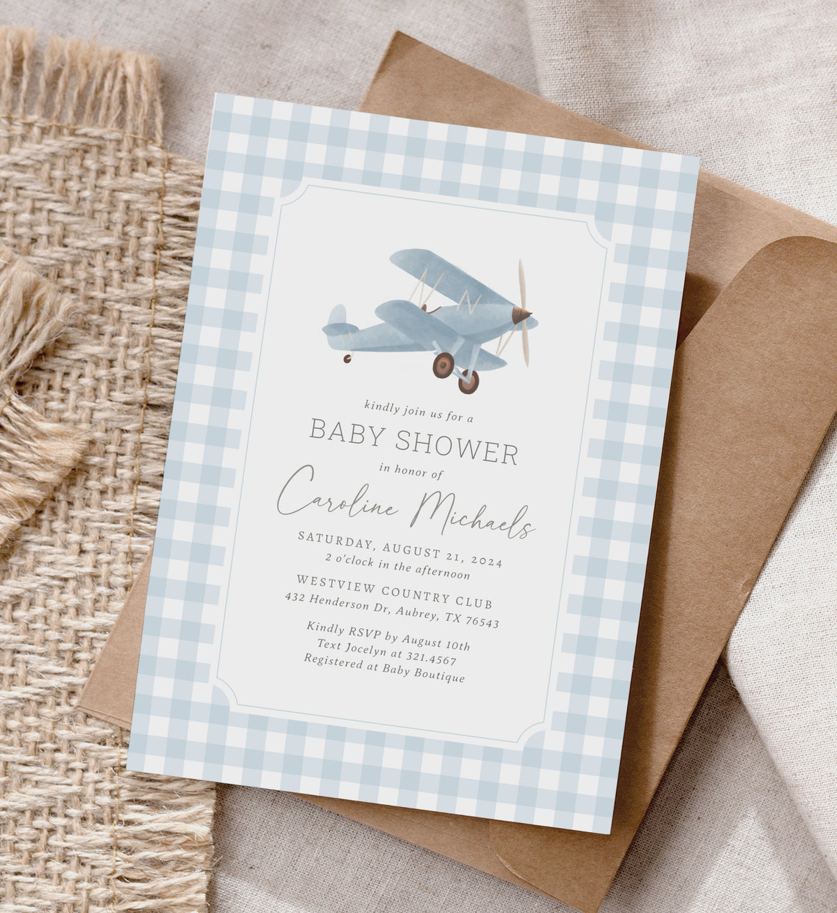 Blue Gingham Airplane Baby Shower Invitation