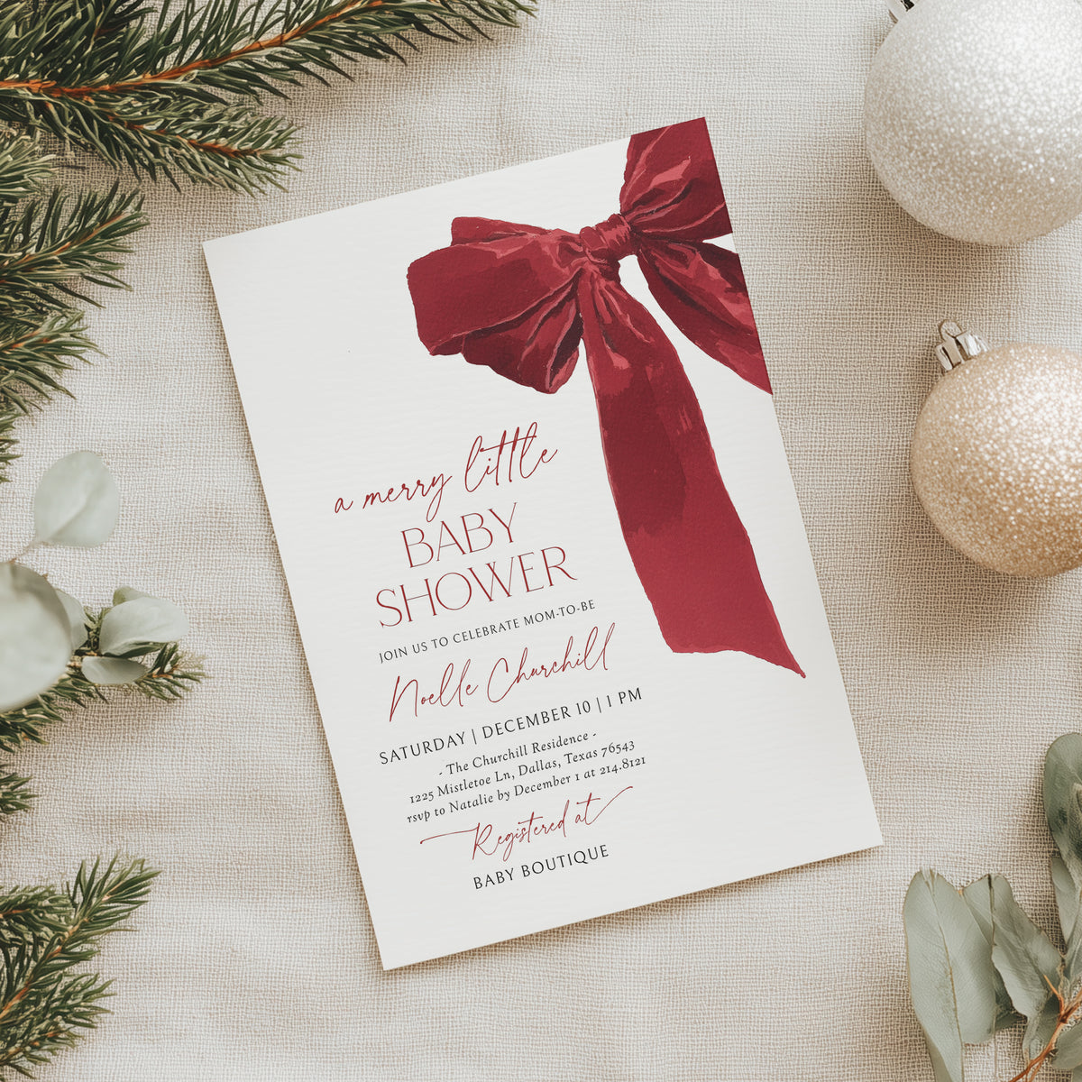 Red Christmas Bow Baby Shower Invitation