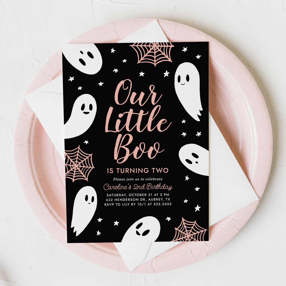 Little Boo Birthday Party Invitation Template (Black &amp; Pink)