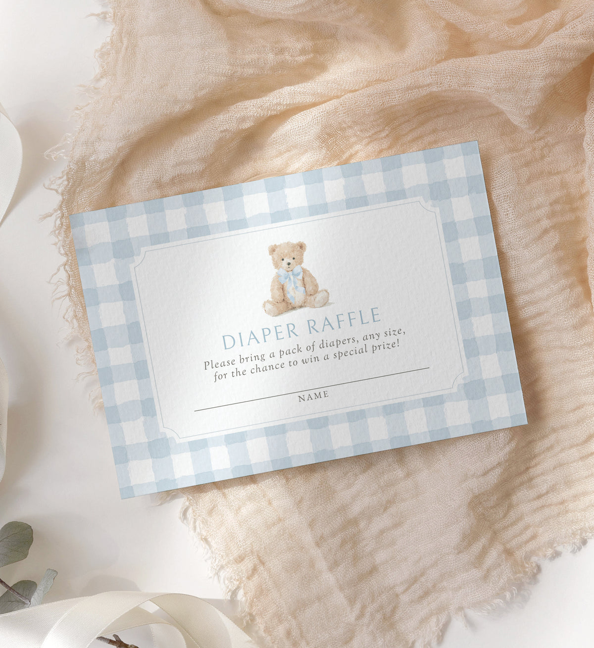 Blue Gingham Teddy Bear Diaper Raffle Ticket