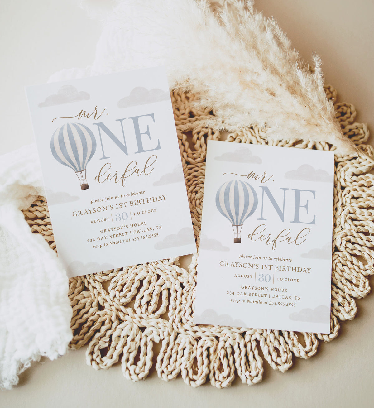 Editable Mr. Onederful Blue Hot Air Balloon Birthday Party Invitation Template