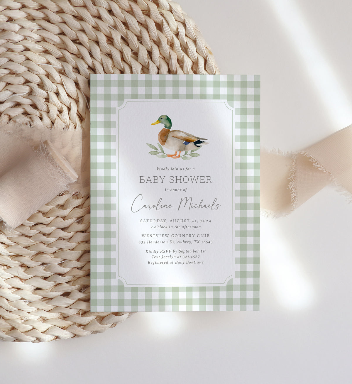 Sage Gingham Duck Baby Shower Invitation