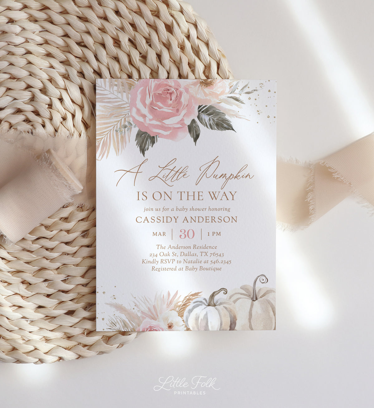Pink Boho Little Pumpkin Baby Shower Invitation