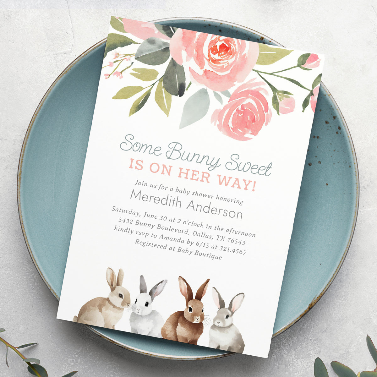Floral Bunny Baby Shower Invitation