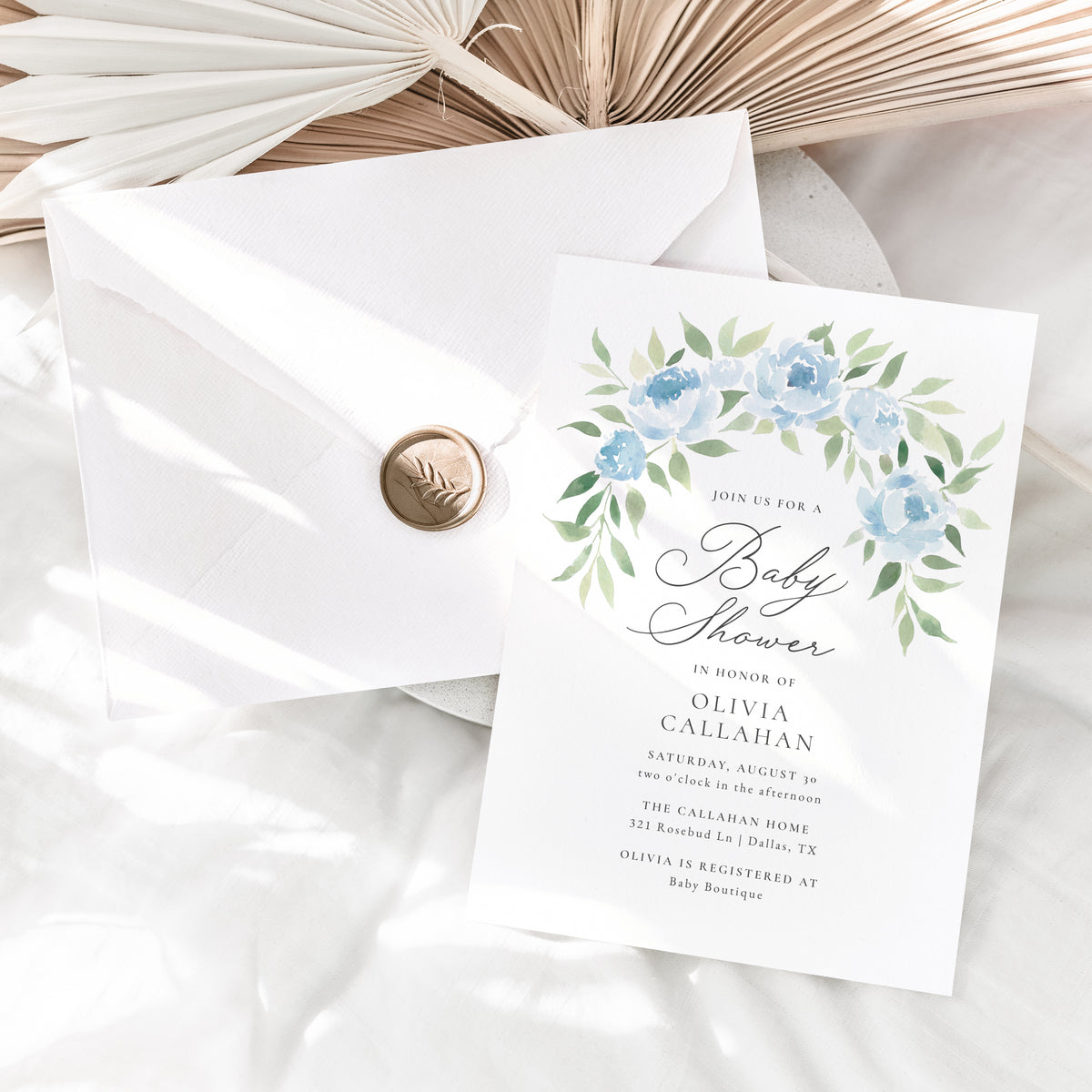 Blue Floral Arch Baby Shower Invitation