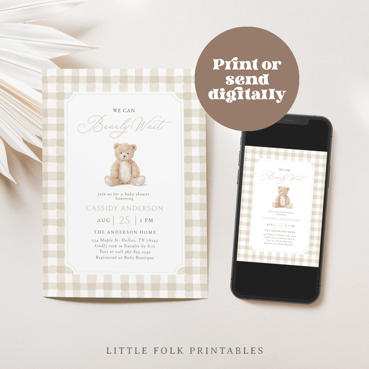 Neutral Gingham Teddy Bear Baby Invitation Suite