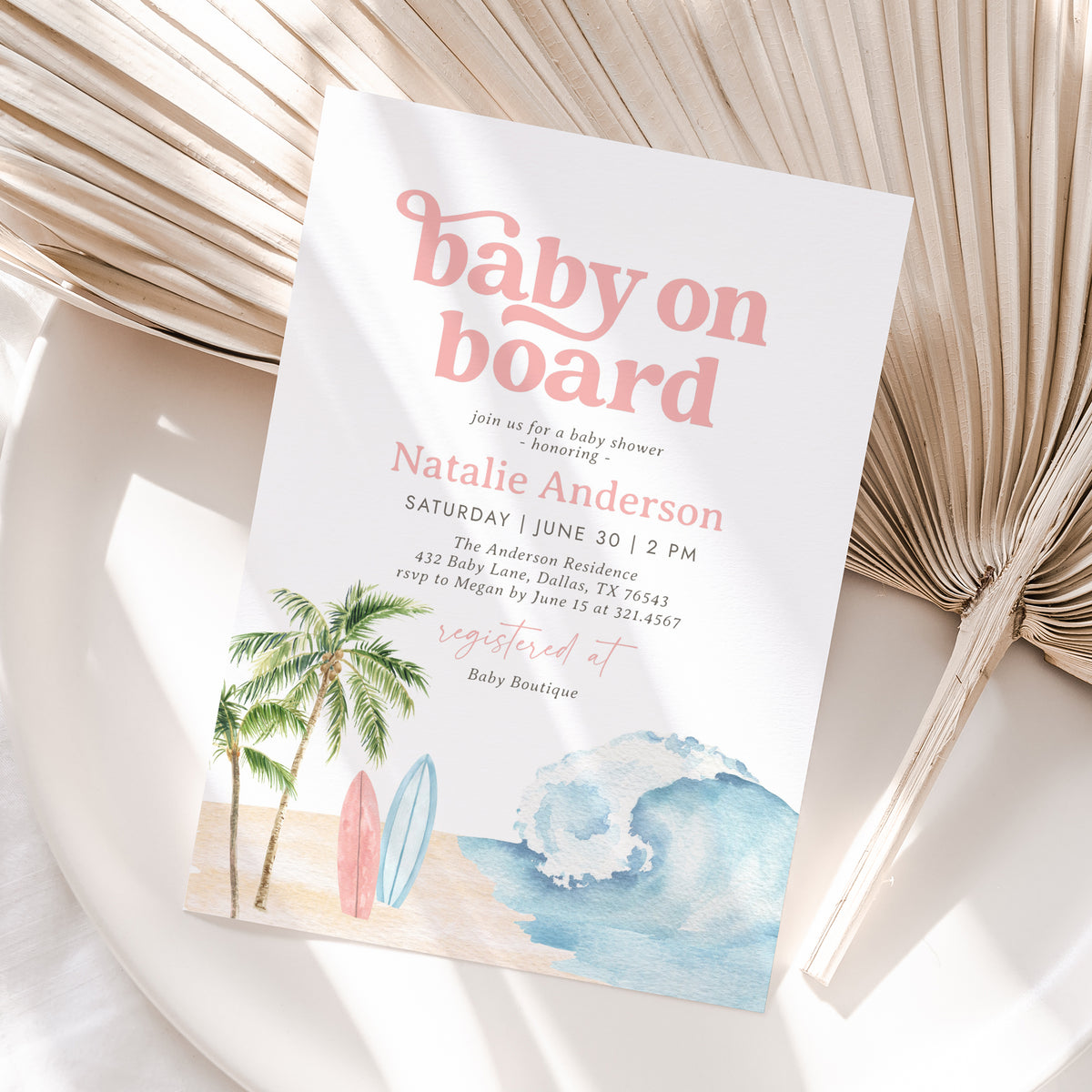 Baby on Board Pink Surf Baby Shower Invitation