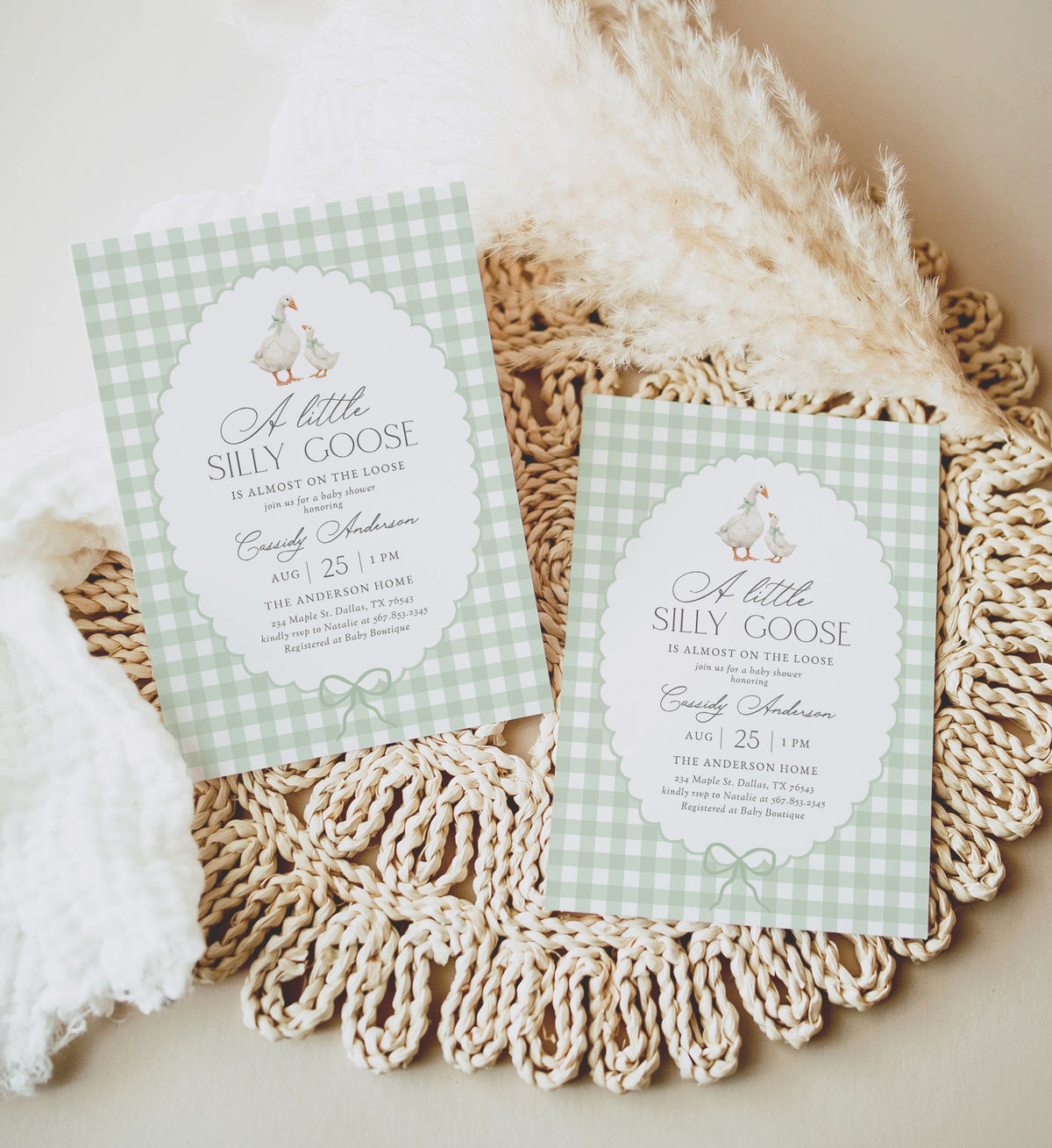 Sage Green Gingham Goose Baby Shower Invitation