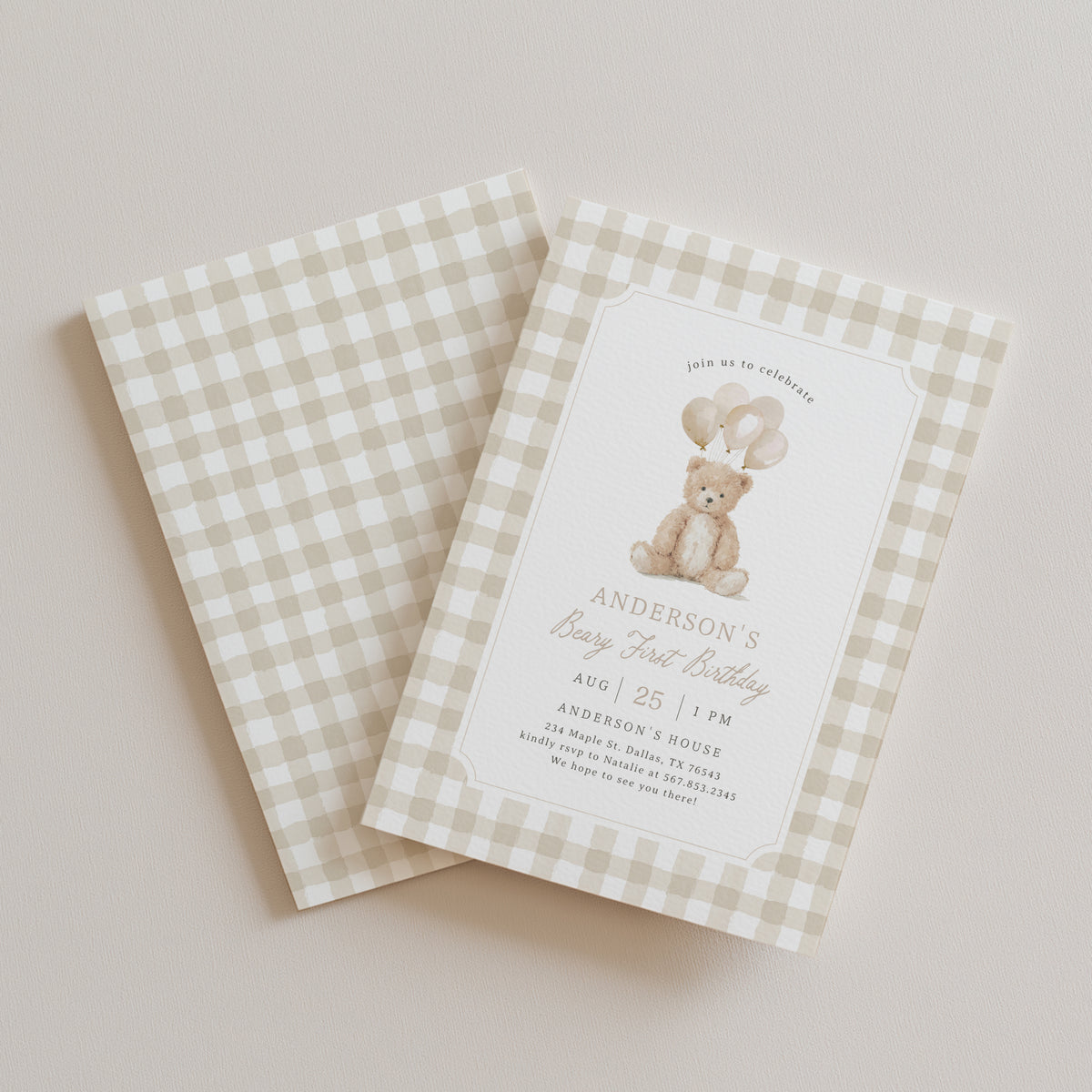 Neutral Gingham Teddy Bear Birthday Invitation