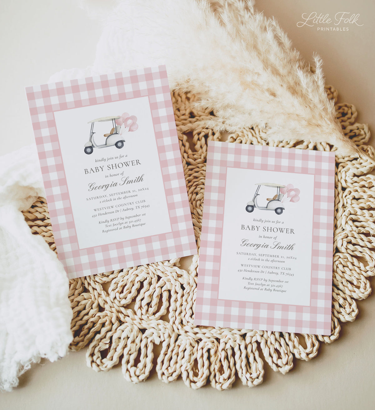 Editable Pink Gingham Golf Baby Shower Invitation Template