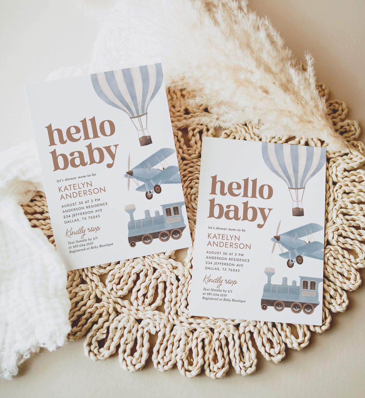 Blue Travel Baby Shower Invitation (Balloon, Plane, Train)