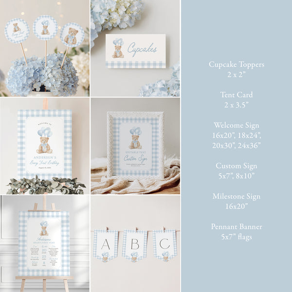 Blue Gingham Teddy Bear Birthday Bundle - Little Folk Printables